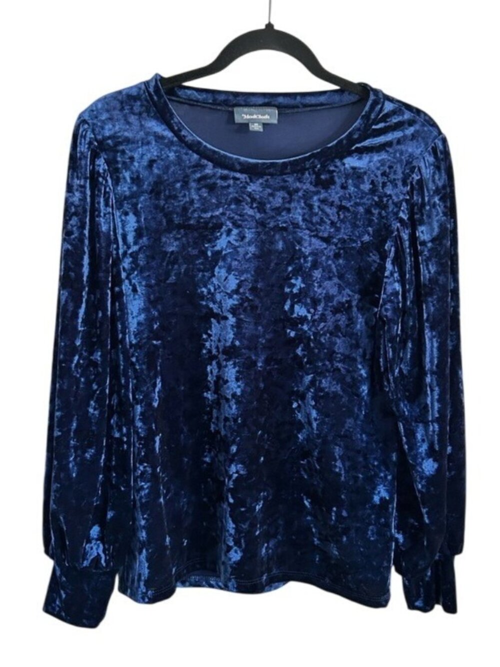 ModCloth Crushed Velvet Long-Sleeve Top Navy Blue Sz Medium Bishop Sleeve